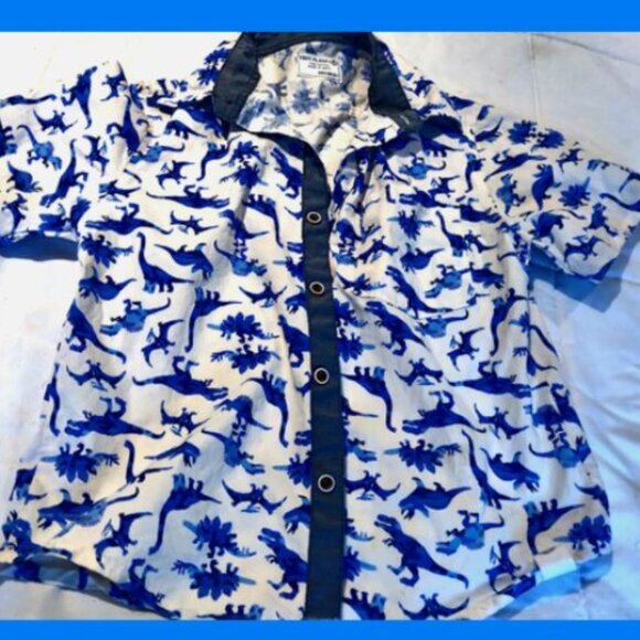 FREE PLANET Boys Shirt Size 7 Blue & White Dinosaurs Button Up - Picture 1 of 2